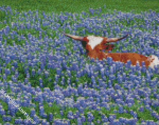 Longhorn In Bluebonnets Field Diamond Paintings