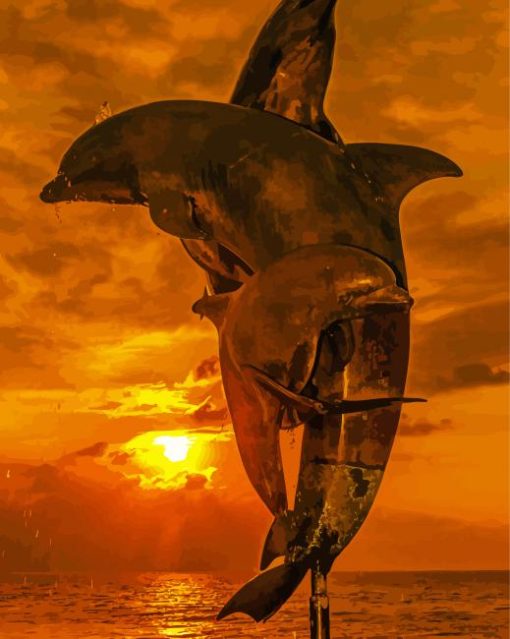 Dolphins Family At Sunset Diamond Paintings