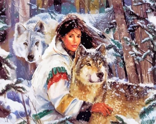 Wolves And Native Woman Diamond Paintings