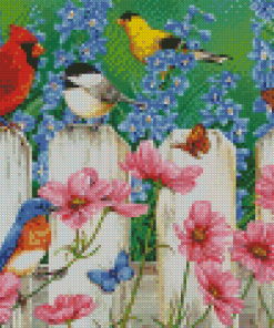 Flowers And Bird On Fence Diamond By Paintings