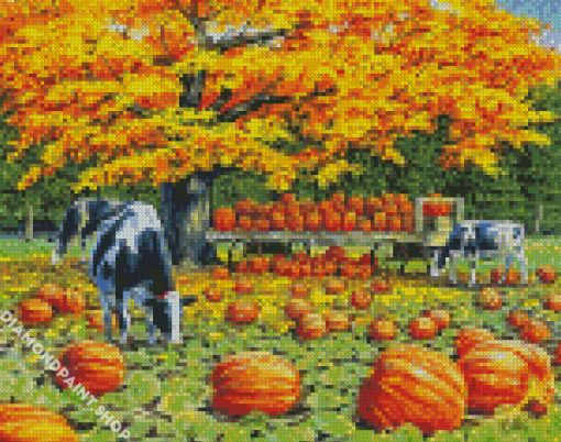 Wagon Cows And Pumpkins Diamond Paintings