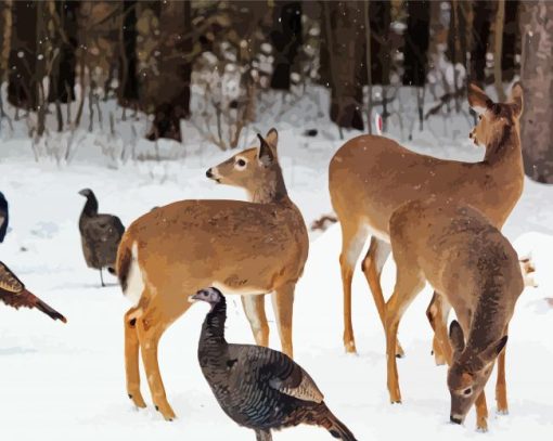 Deer And Turkeys In Snow Diamond Paintings