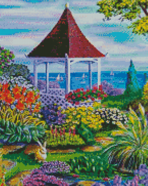 Gazebo By The Sea And Flowers Diamond Paintings