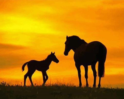 Horse And Foal Sunset Silhouette Diamond Paintings