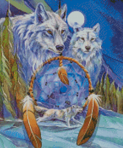 White Wolves In Dream Catcher Diamond Paintings