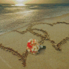 Beach With Hearts In Sand And Bouquet Of Flowers Diamond Paintings