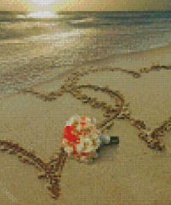 Beach With Hearts In Sand And Bouquet Of Flowers Diamond Paintings