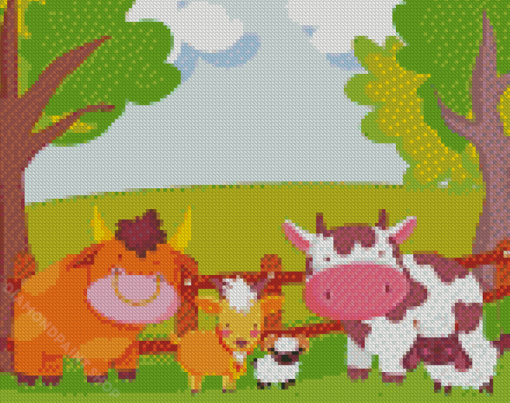 Cartoon Cows By Fence Diamond Paintings