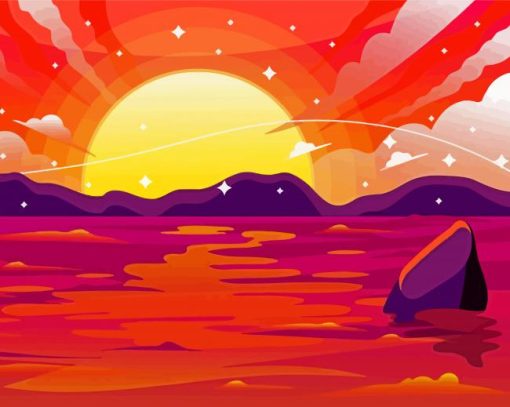 Pink Sunset With Mountain And Waves Illustration Diamond Paintings