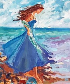 Seaside Blue Dress Woman Art Diamond Paintings