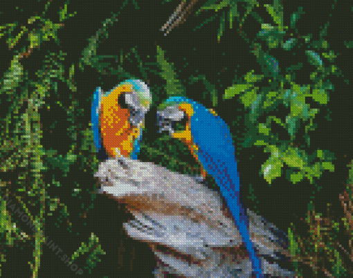 Two Parrots In Jungle Green With Blue Diamond Paintings