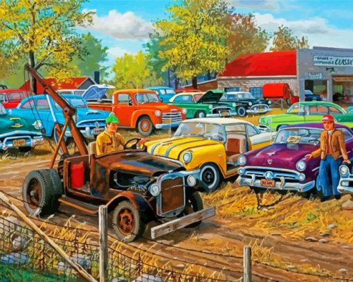 Vintage Old Cars In Yard Diamond Paintings