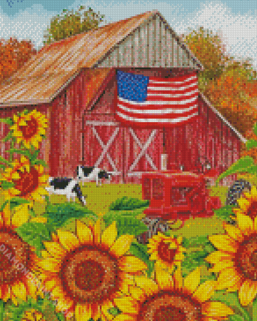 Red Tractor And Sunflowers Diamond Paintings