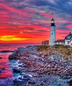 Aesthetic Sunset Portland Head Light Diamond Paintings