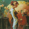 Woman Arranging Roses In Vase Diamond Paintings