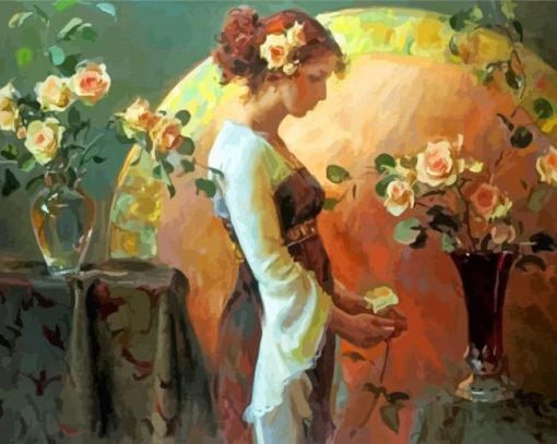 Woman Arranging Roses In Vase Diamond Paintings