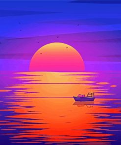 Sunset With Boat Illustration Diamond Paintings