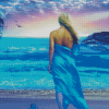 Blonde Girl On Beach In Blue Dress Diamond Painting