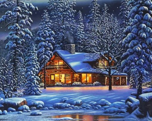 House In Frozen Forest At Night Diamond Painting