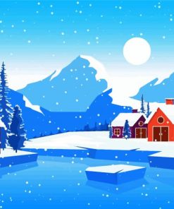 Houses In Frozen Forest Illustration Diamond Painting