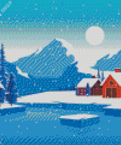 Houses In Frozen Forest Illustration Diamond Painting