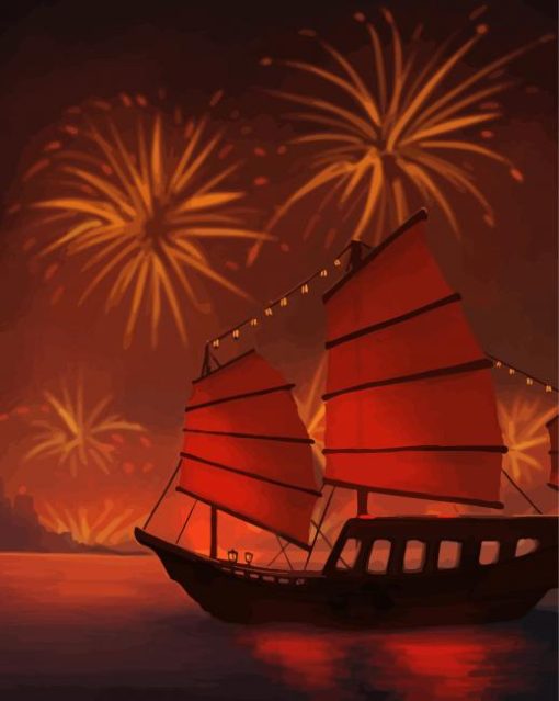 Junk Boat And Fireworks Diamond Painting