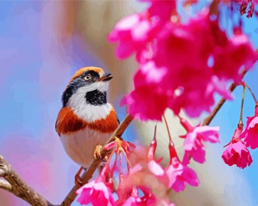 Long Tailed Tit On A Flower Tree Diamond Paintings