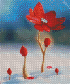 Beautiful Red Spring Flower In Snow Diamond Painting