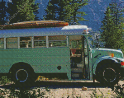 Green Skoolie Bus In The Mountain Diamond Paintings