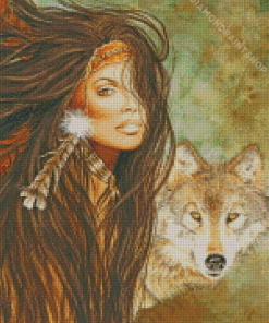 Native Indian Woman And Wolf Art Diamond Paintings