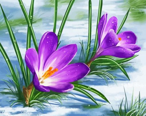 Purple Spring Flower In Snow Diamond Painting