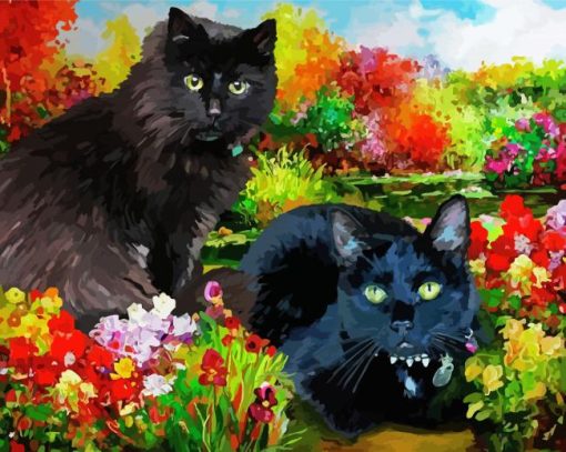 Two Black Cats In Garden Diamond Painting