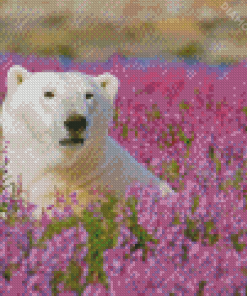 White Polar Bear In Flowers Field Diamond Painting