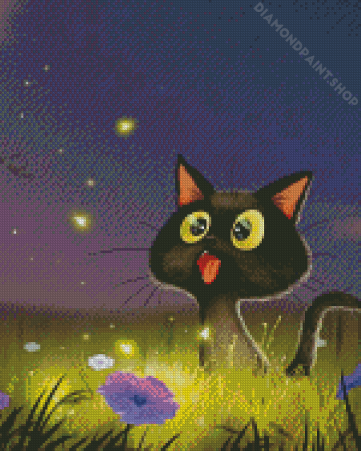 Black Cats And Flowers Cartoon Diamond Painting