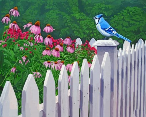 Blue Bird On White Picket Fence Diamond Painting