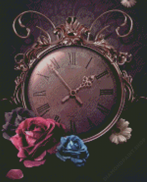 Clock And Flowers Diamond Painting