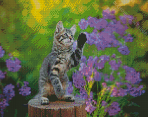 Cute Kitten With Purple Flowers Diamond Painting