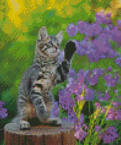 Kitten With Purple Flowers Diamond Painting