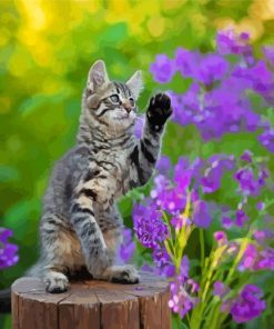 Kitten With Purple Flowers Diamond Painting