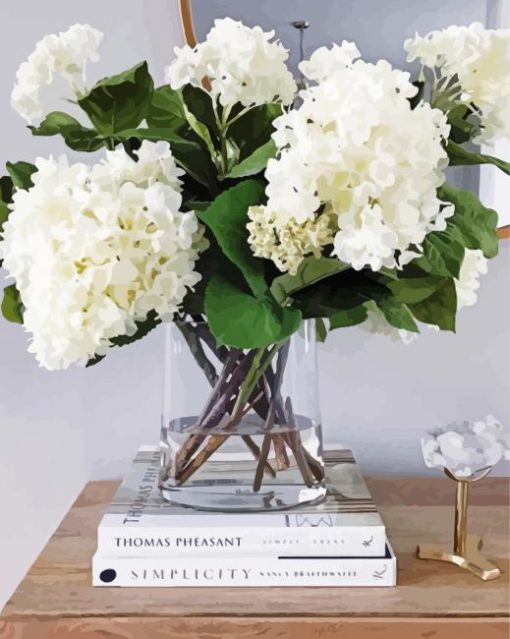 White Hydrangeas Glass Vase On Books Diamond Painting