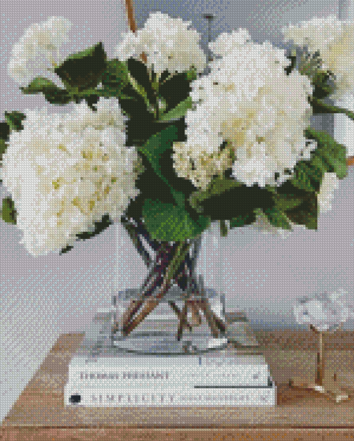 White Hydrangeas Glass Vase On Books Diamond Painting