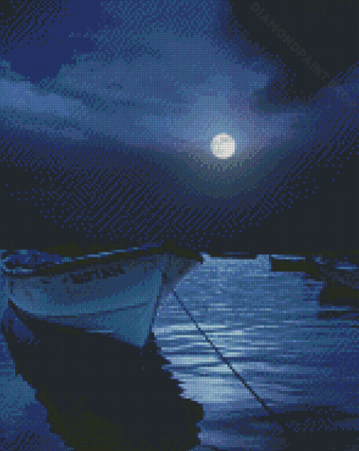 Boat With Moon At Night Diamond Painting