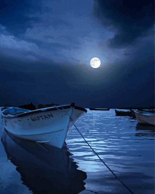 Boat With Moon At Night Diamond Painting