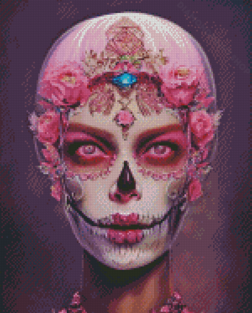 Pink Floral Skull Lady Diamond Painting