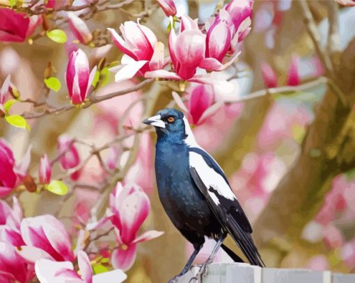 Australian Magpies With Pink Tree Diamond Painting