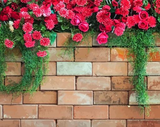 Bricks With Dark Pink Flowers Diamond Painting