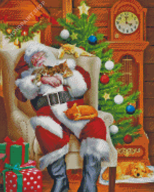 Sleepy Santa With Cats Diamond Painting