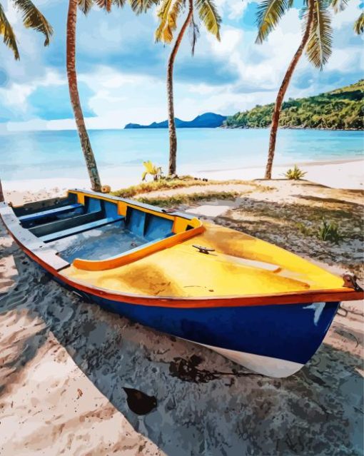 Tropical Beach Boat Palm Trees Diamond Painting