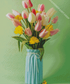 Daffodil And Tulips In Blue Vase Diamond Painting