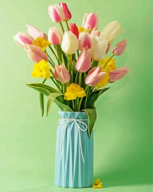 Daffodil And Tulips In Blue Vase Diamond Painting